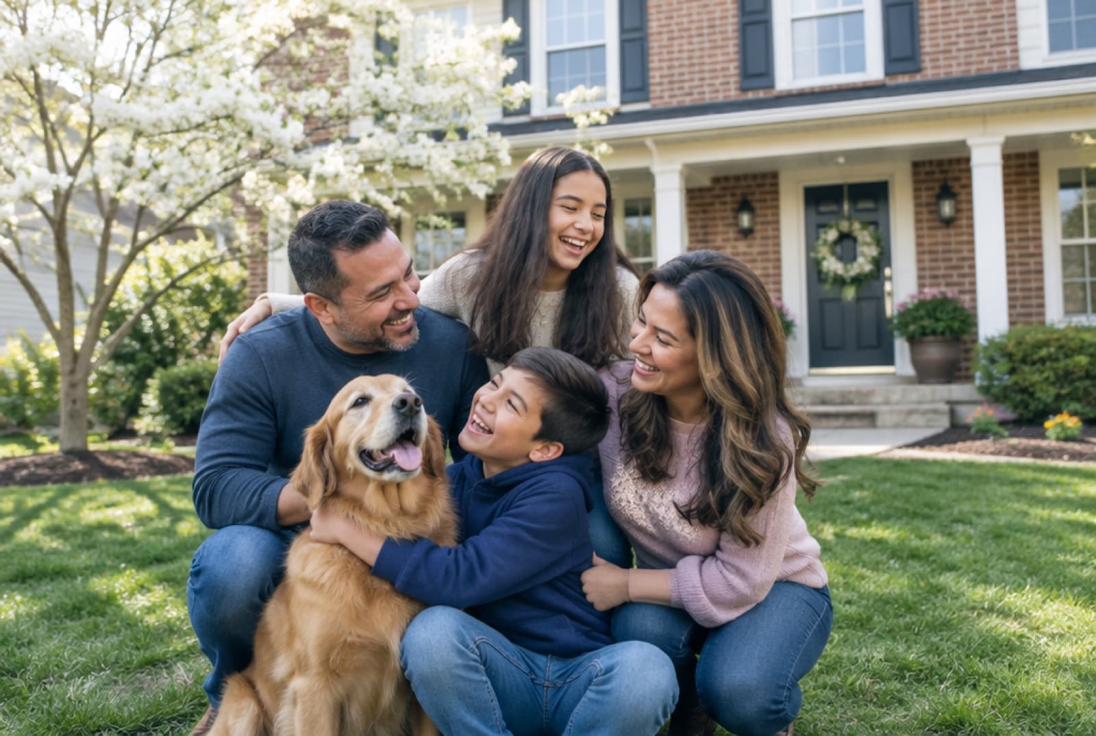 A happy family with their dog in front of their brick home