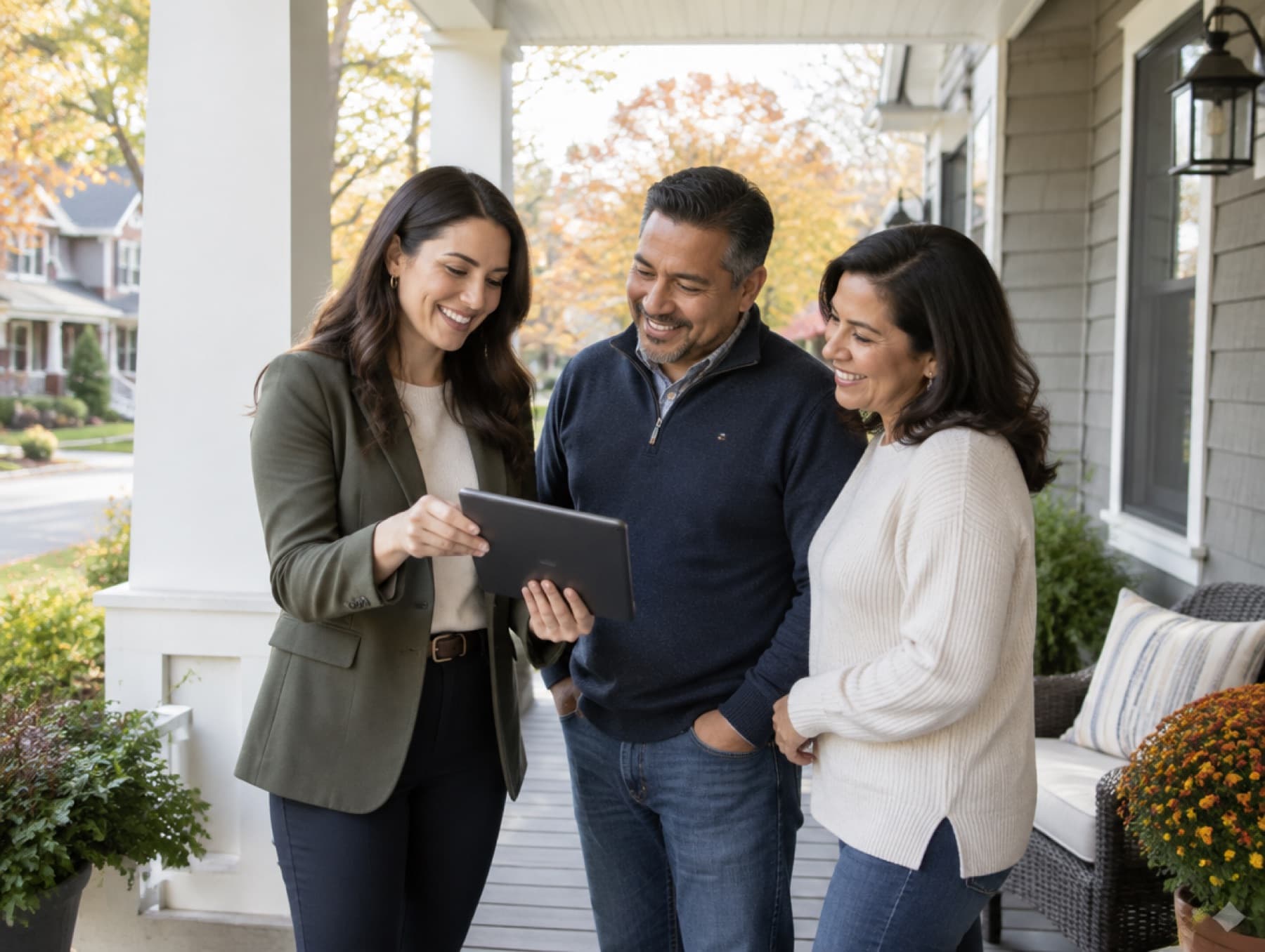 A Vida agent reviewing a pricing report with homeowners on their porch